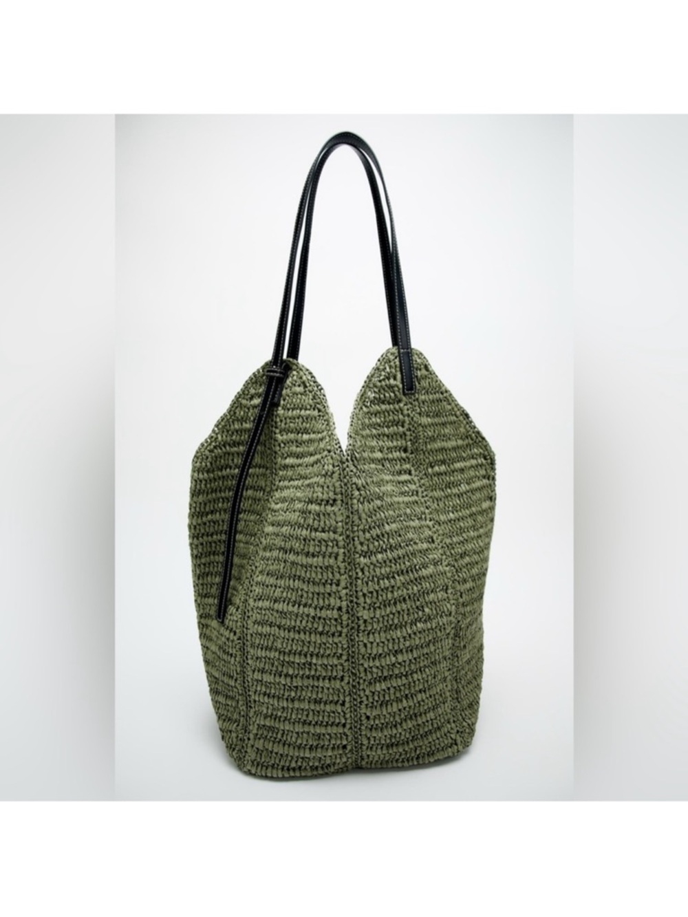 Zara Olive Woven Tote Bag with Dark Handles - Picture 3 of 4